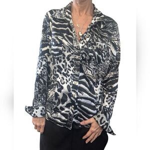 Vintage Cache Animal Print Satin Blouse Black White Zebra Cheetah Snakeskin L